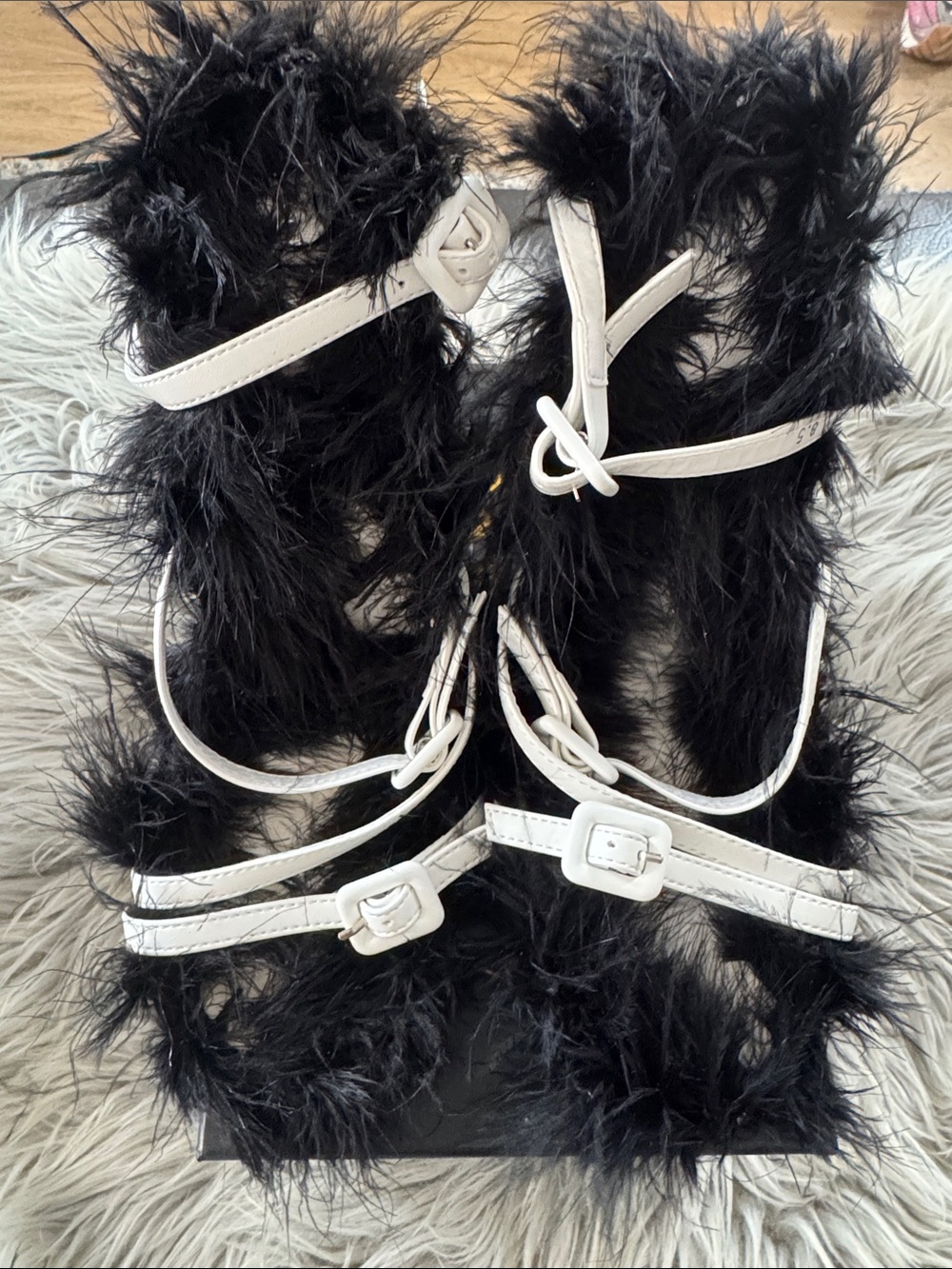 Women's Black Faux-Fur Strappy Heels with White Strap Detail